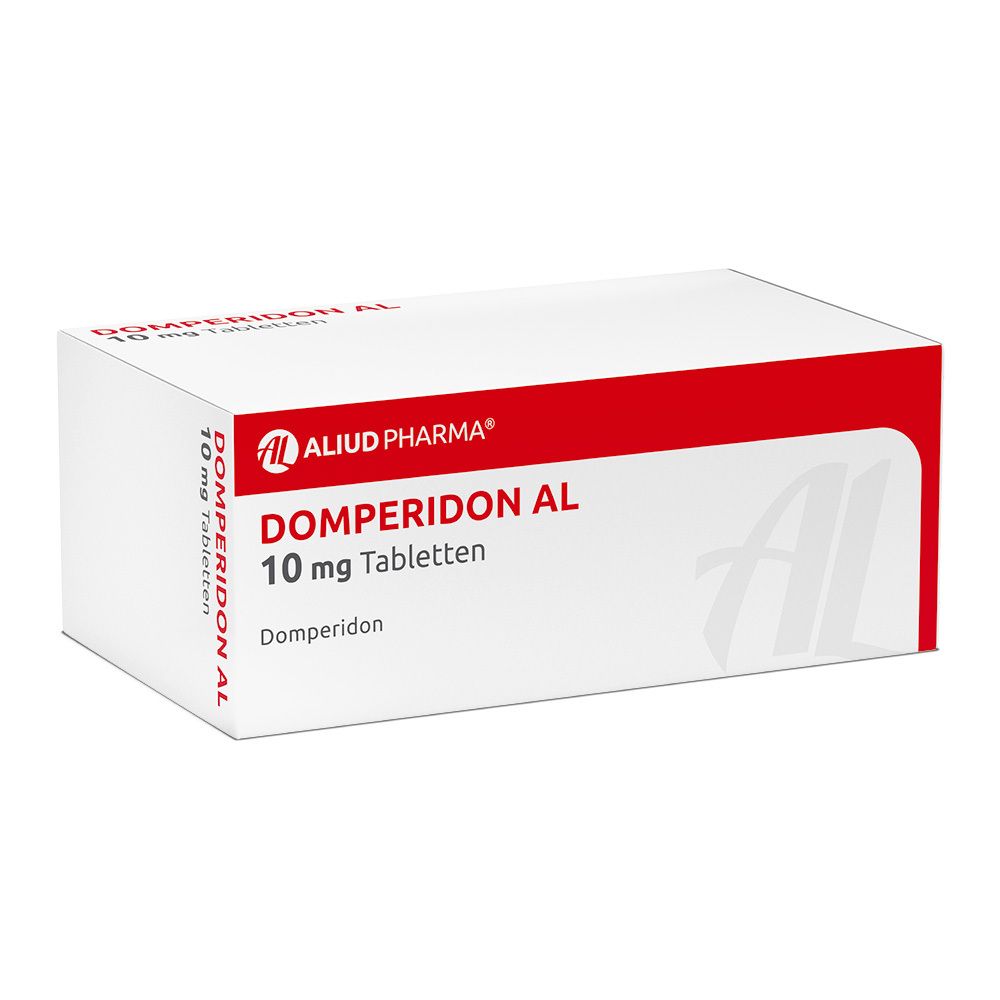 Schachtel mit DOMPERIDON AL 10 mg Tabletten. Rote und weiße Verpackung mit Produktnamen und Logo.
