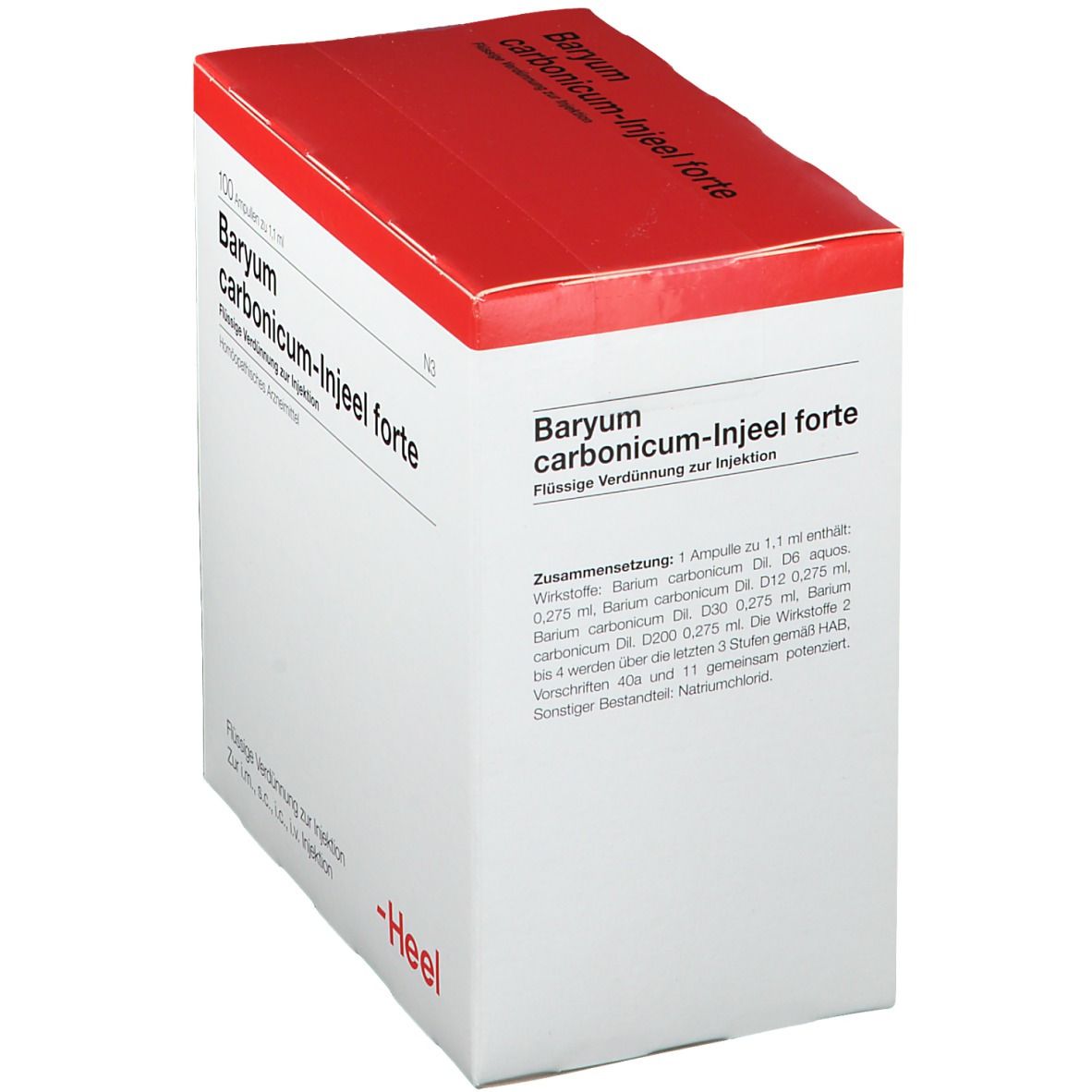 Schachtel Baryum carbonicum-Injeel forte. Roter Deckel, weiße Schachtel. Text und Inhaltsangaben. Heel Logo.
