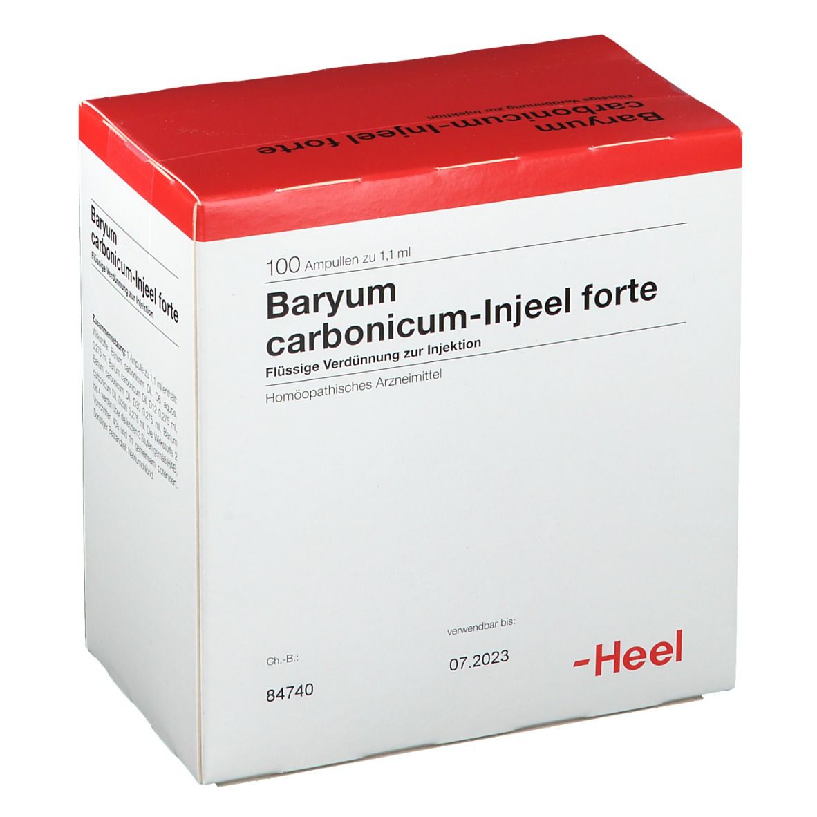 Verpackung von Baryum carbonicum-Injeel forte. Roter Deckel, weiße Schachtel. Text, Verfallsdatum. Heel Logo.