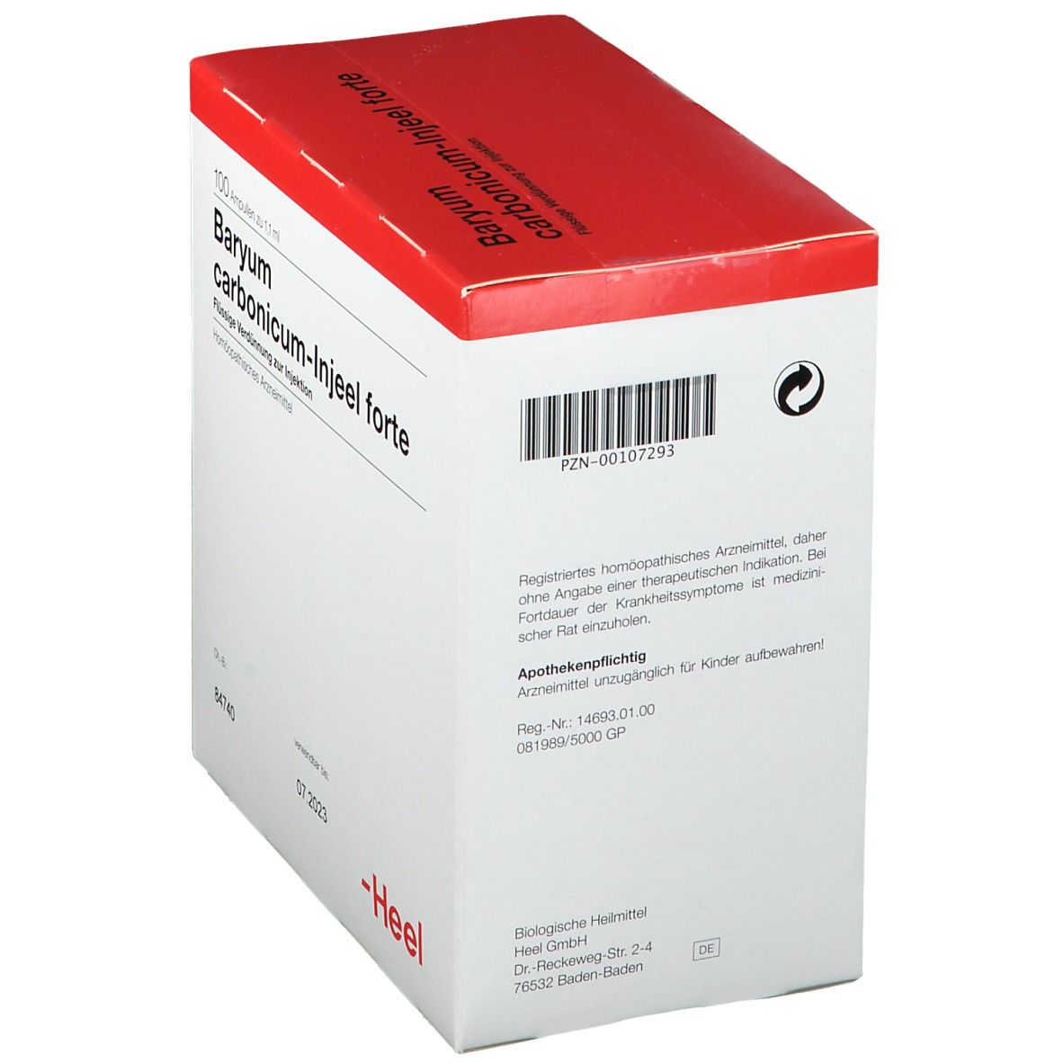Schachtel Baryum carbonicum-Injeel forte. Roter Deckel, weiße Schachtel. Text, PZN-Code, Heel Logo.