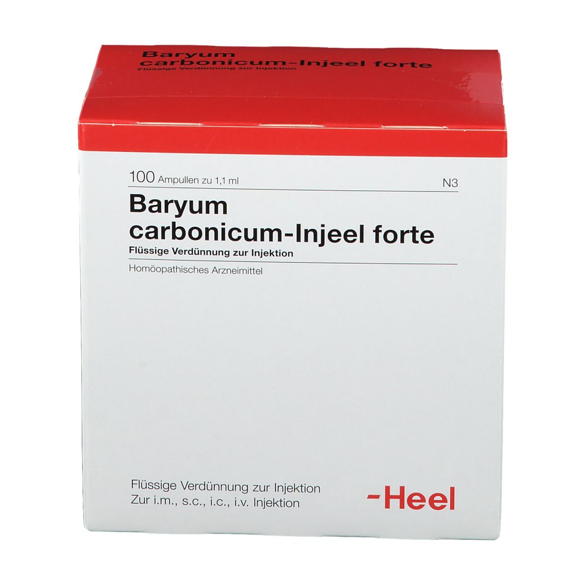 Verpackung von Baryum carbonicum-Injeel forte. Roter Deckel, weiße Schachtel. Text: 100 Ampullen, Heel Logo.