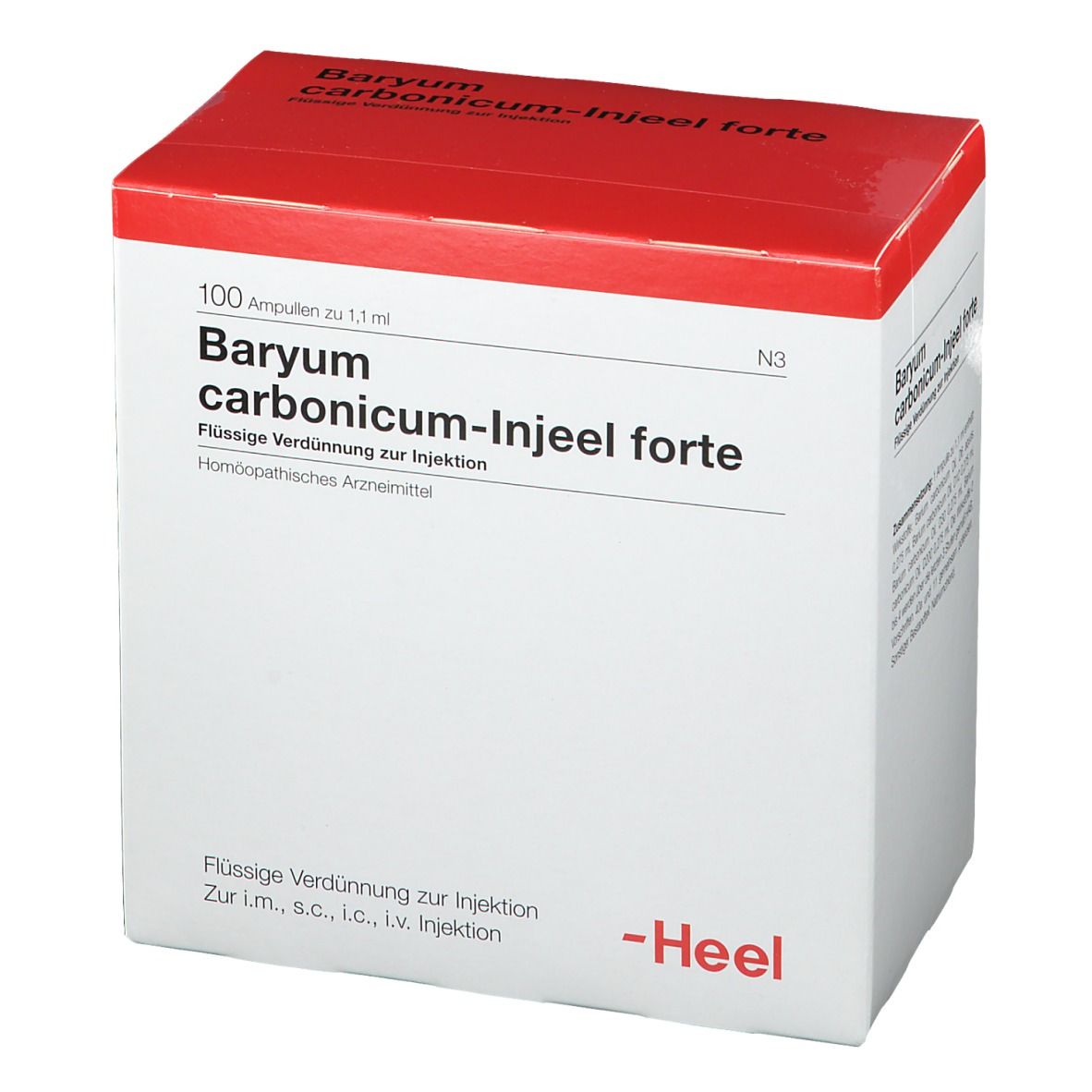 Verpackung von Baryum carbonicum-Injeel forte. Roter Deckel, weiße Schachtel. Text: 100 Ampullen, Heel Logo.