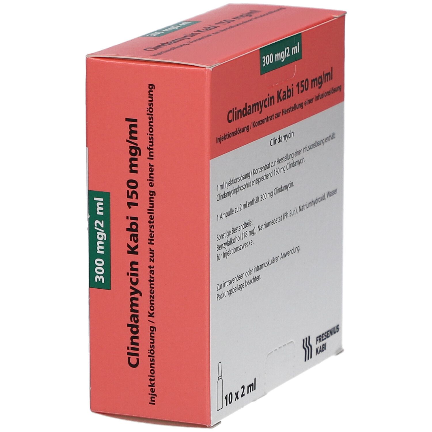 Seitenansicht der Verpackung von Clindamycin Kabi 150 mg/ml Injektionslösung. Rote und weiße Beschriftung.
