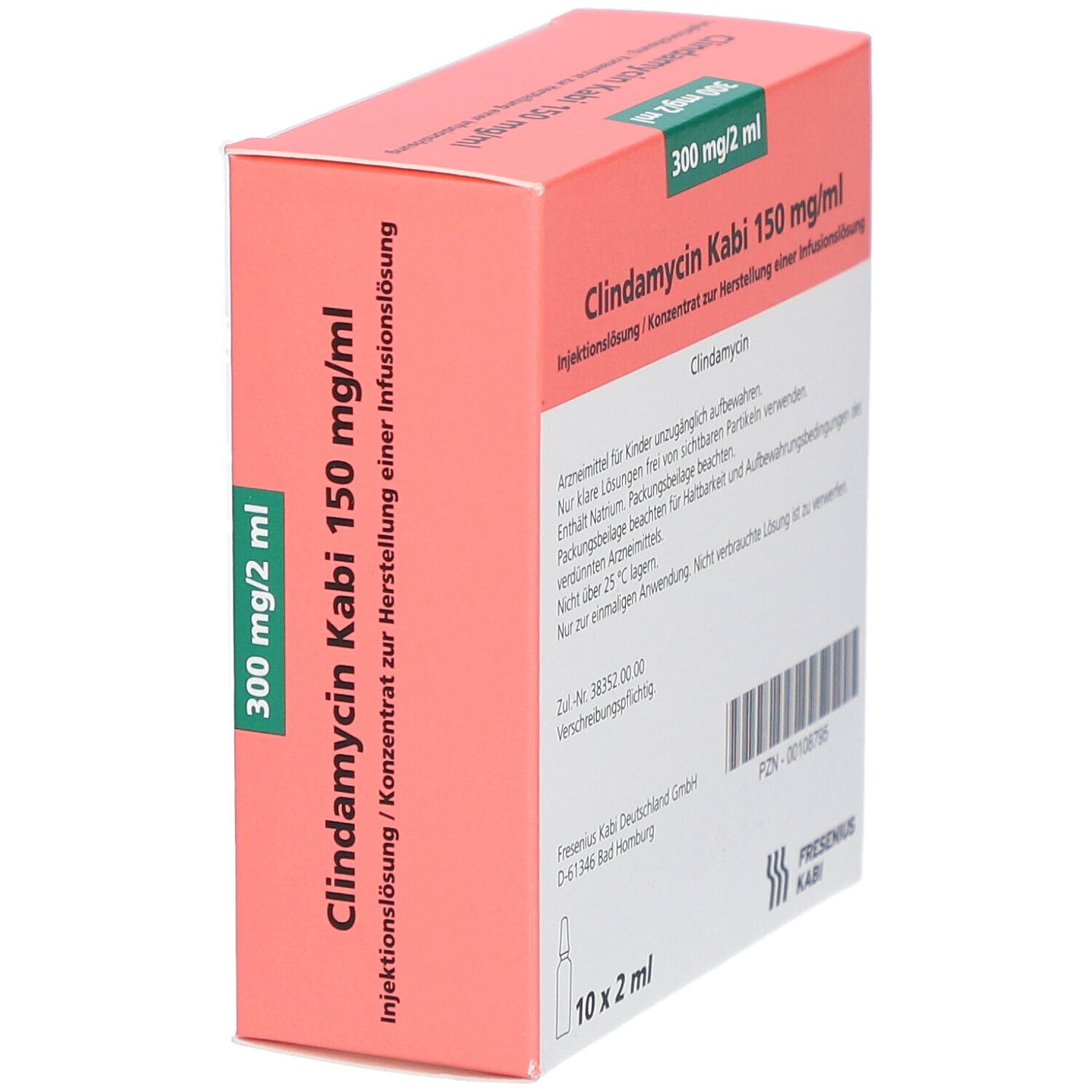 Seitenansicht der Verpackung von Clindamycin Kabi 150 mg/ml Injektionslösung. Rote und weiße Beschriftung. 10 Ampullen.