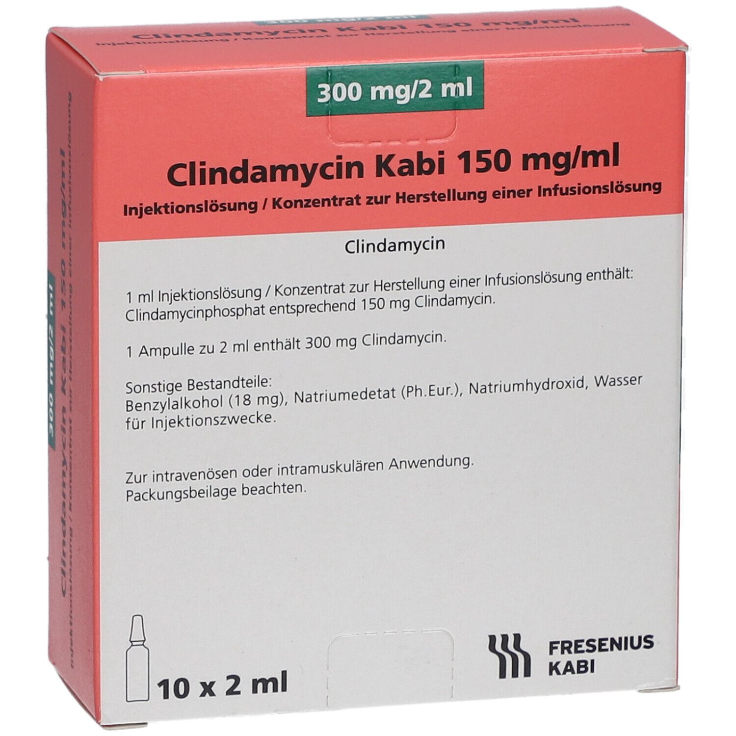 Verpackung von Clindamycin Kabi 150 mg/ml Injektionslösung. Rote und weiße Beschriftung. Enthält 10 Ampullen.