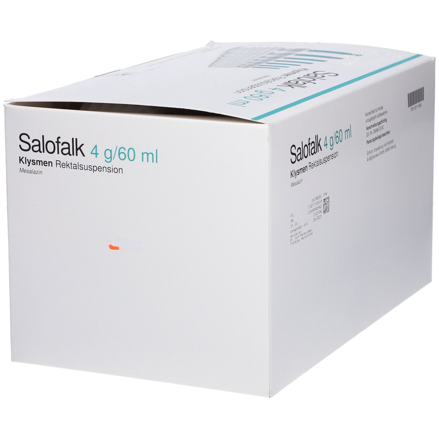 Weiße Kartonverpackung mit Produktbezeichnung Salofalk 4 g/60 ml. Text und Logo auf der Vorderseite.