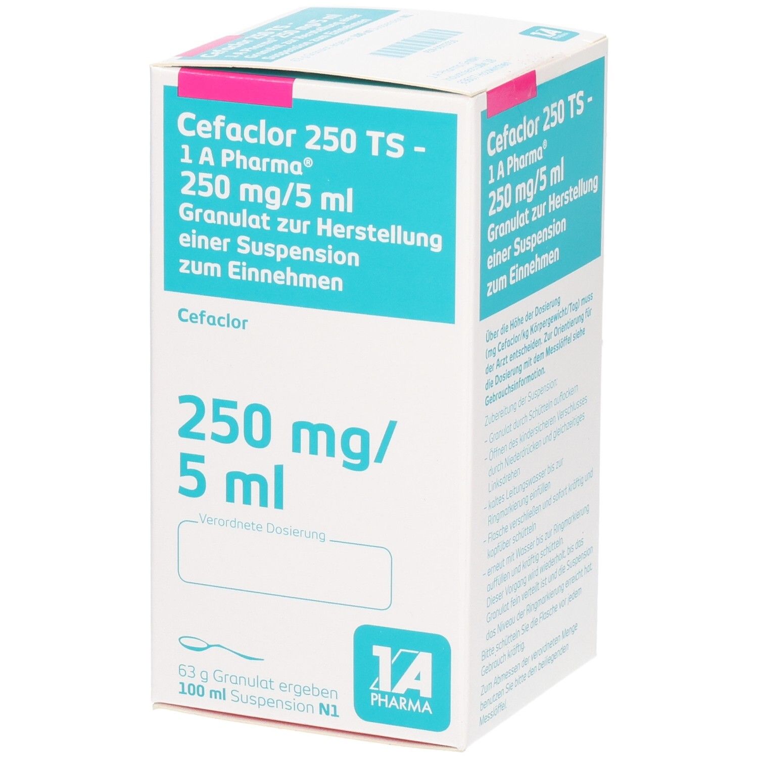 Arzneimittelverpackung. Aufschrift: Cefaclor 250 TS - 1 A Pharma, 250 mg/5 ml. Granulat zur Herstellung einer Suspension.