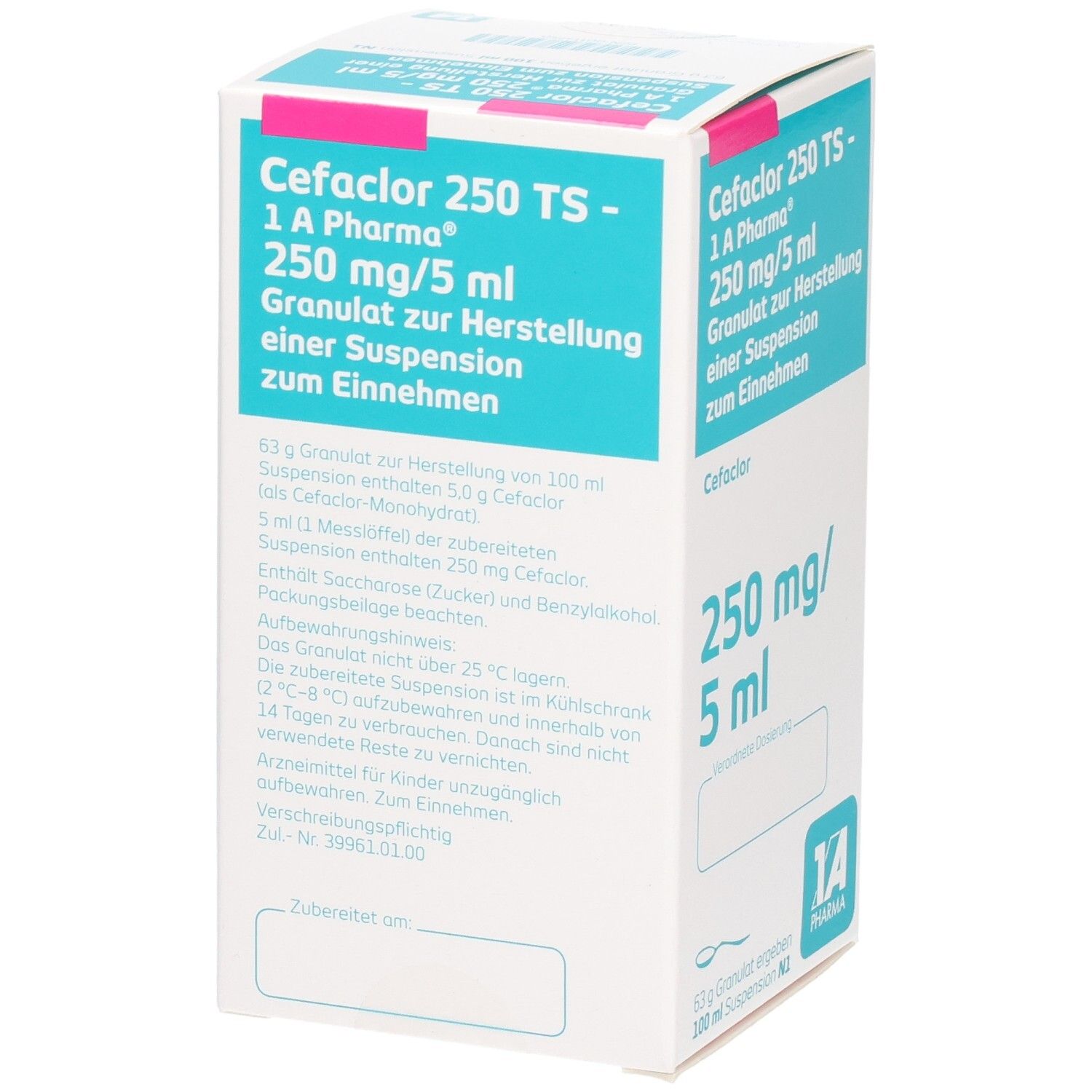 Arzneimittelverpackung. Aufschrift: Cefaclor 250 TS - 1 A Pharma, 250 mg/5 ml. Granulat zur Herstellung einer Suspension.