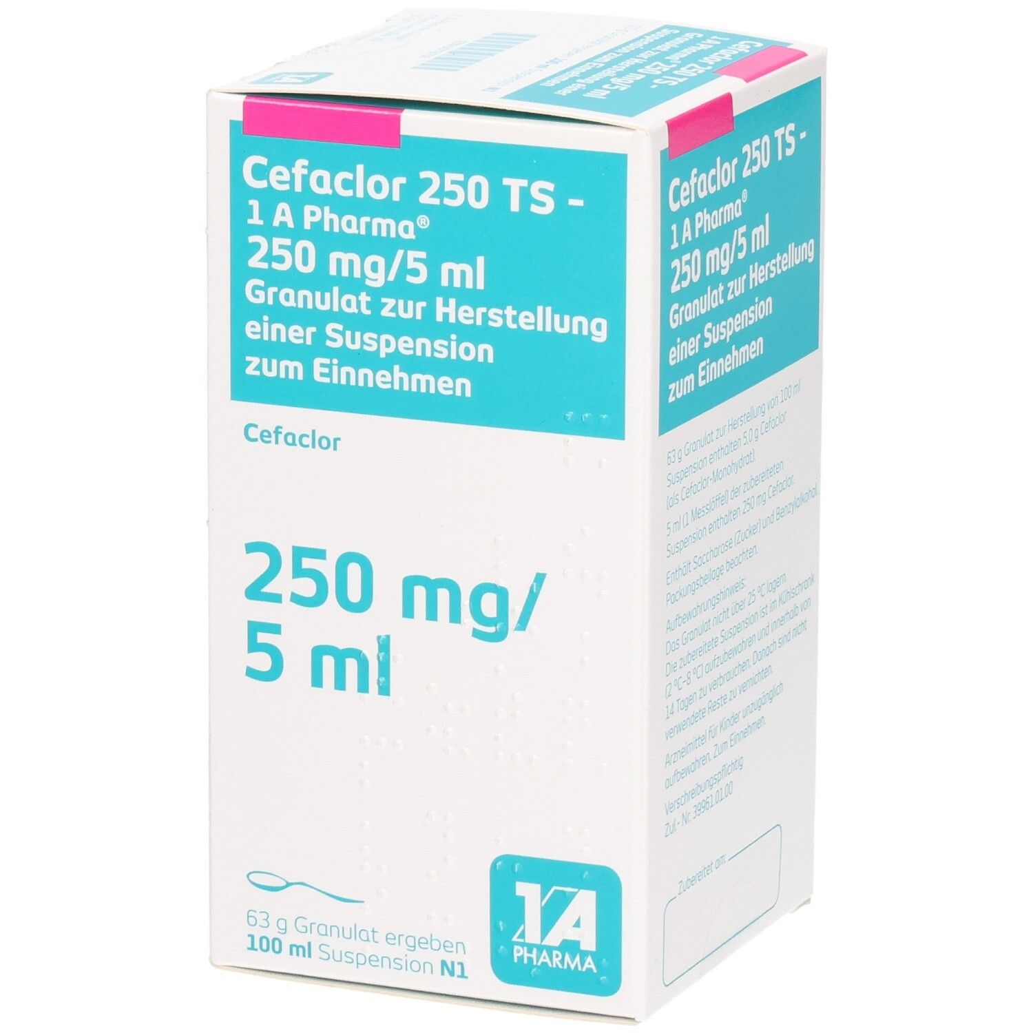 Arzneimittelverpackung. Aufschrift: Cefaclor 250 TS - 1 A Pharma, 250 mg/5 ml. Granulat zur Herstellung einer Suspension.