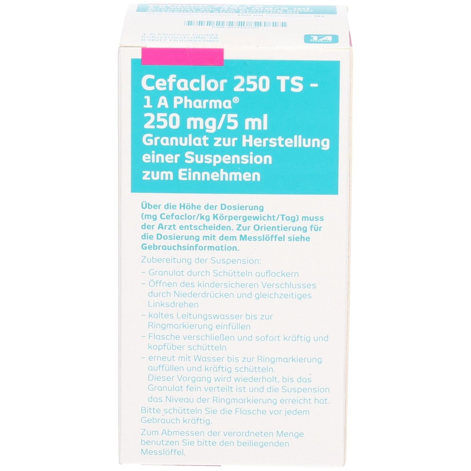 Arzneimittelverpackung. Aufschrift: Cefaclor 250 TS - 1 A Pharma, 250 mg/5 ml. Granulat zur Herstellung einer Suspension.