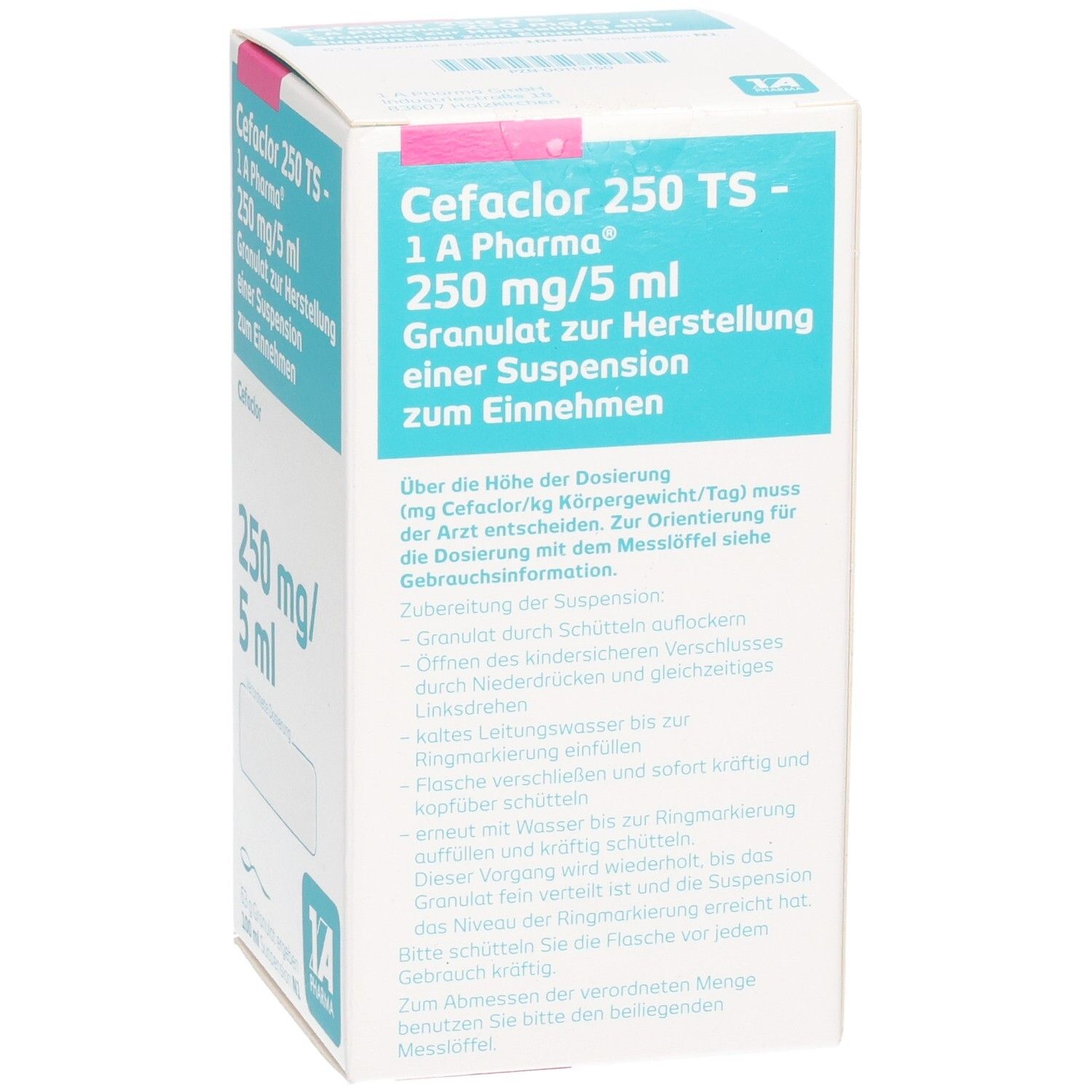 Arzneimittelverpackung. Aufschrift: Cefaclor 250 TS - 1 A Pharma, 250 mg/5 ml. Granulat zur Herstellung einer Suspension.