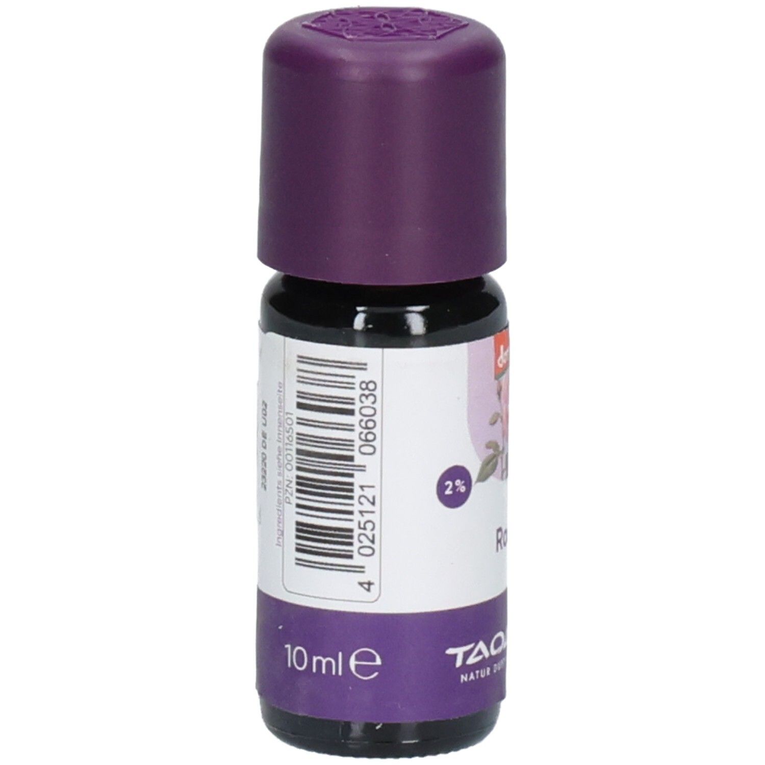 Rückseite der Flasche. Etikett mit Text und Barcode. Unten: 10 ml e, TAOASIS.