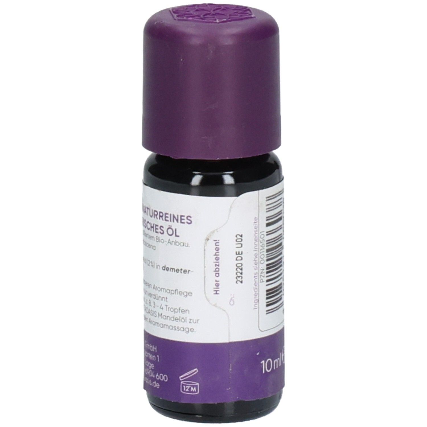 Rückseite der Flasche. Etikett mit Text. Unten: 10 ml e, TAOASIS.