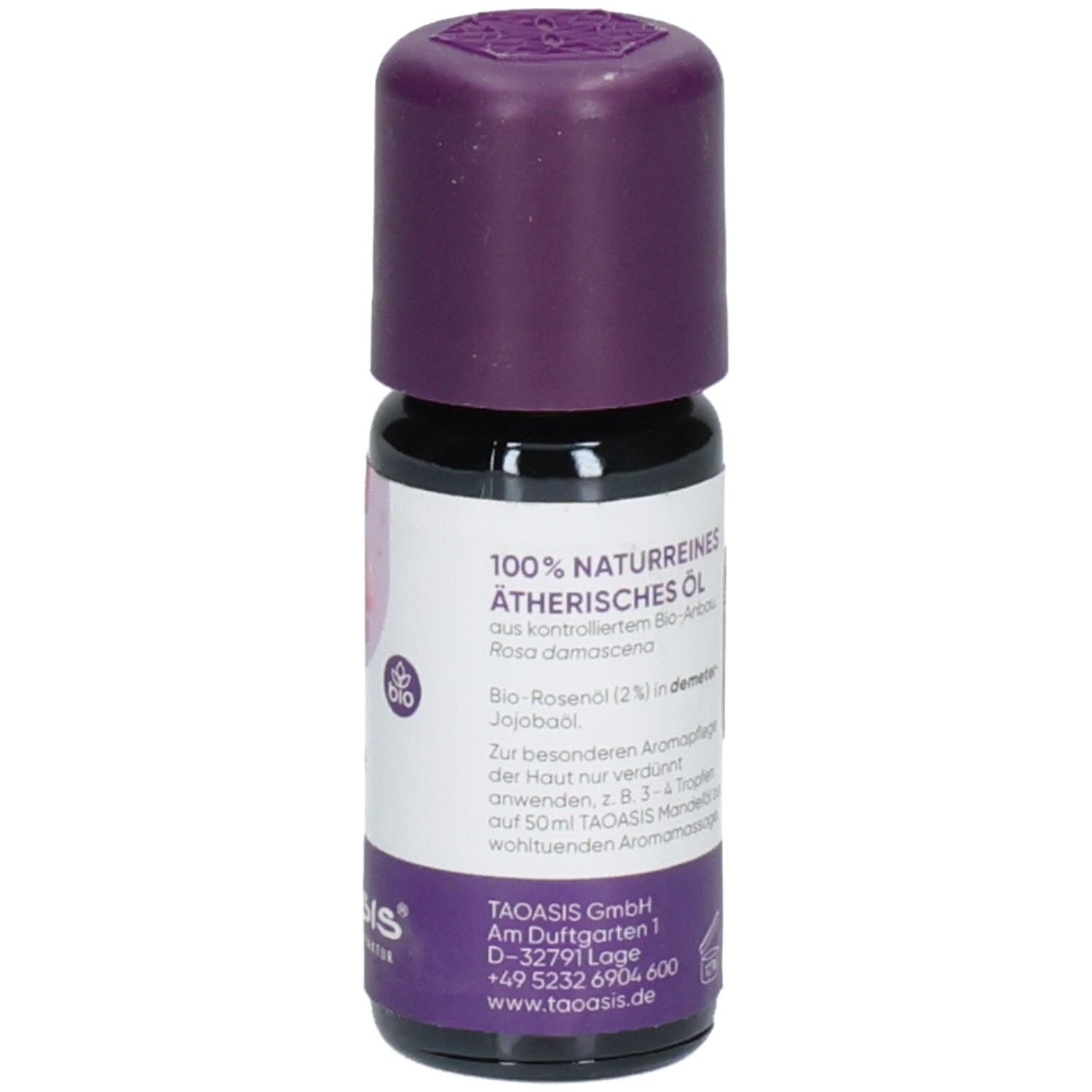 Etikett mit Text: 100% naturreines ätherisches Öl. Logo Demeter, Text: Rose, Bio-Rosenöl.