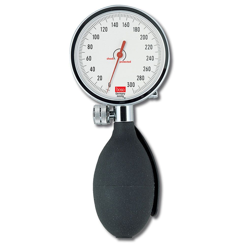 Manometer eines Blutdruckmessgeräts. Rundes Zifferblatt mit Skala, silberner Rand, schwarzer Ball.
