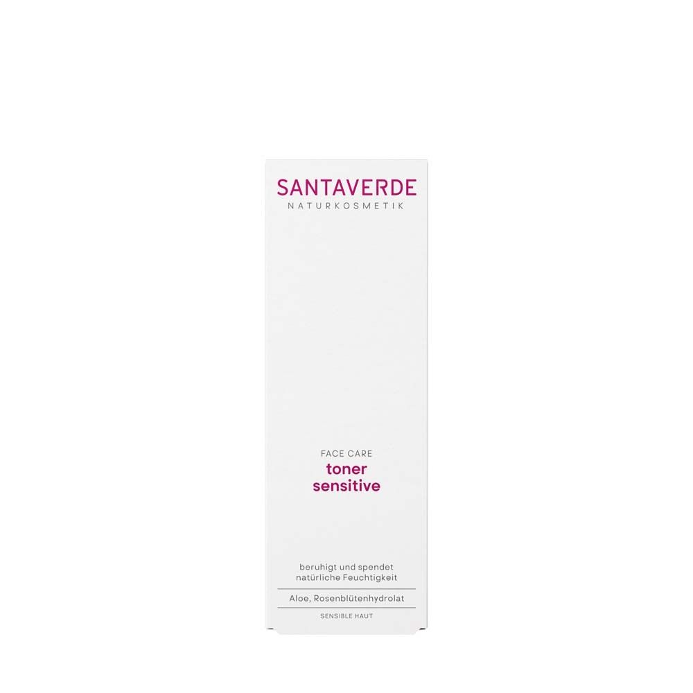 Weiße Verpackung mit Aufschrift: SANTAVERDE, FACE CARE, toner sensitive.