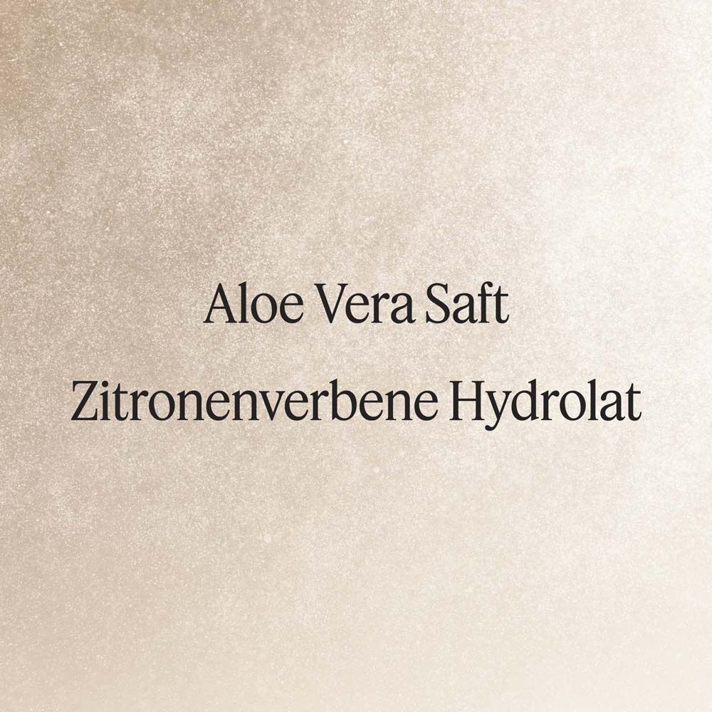 Text: Aloe Vera Saft, Zitronenverbenen Hydrolat. Hintergrund mit Farbverlauf.