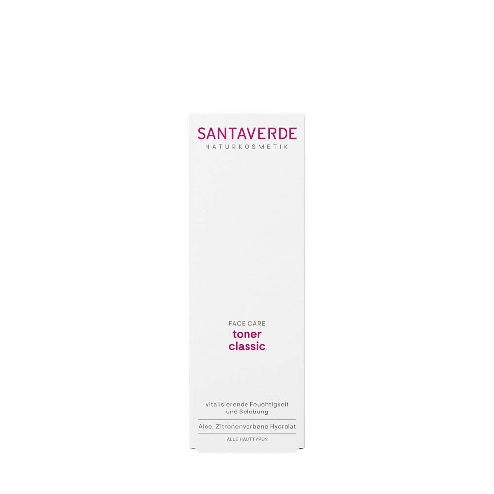 SANTAVERDE Aloe Vera Toner Classic. Weiße Verpackung mit Produktnamen und Logo.