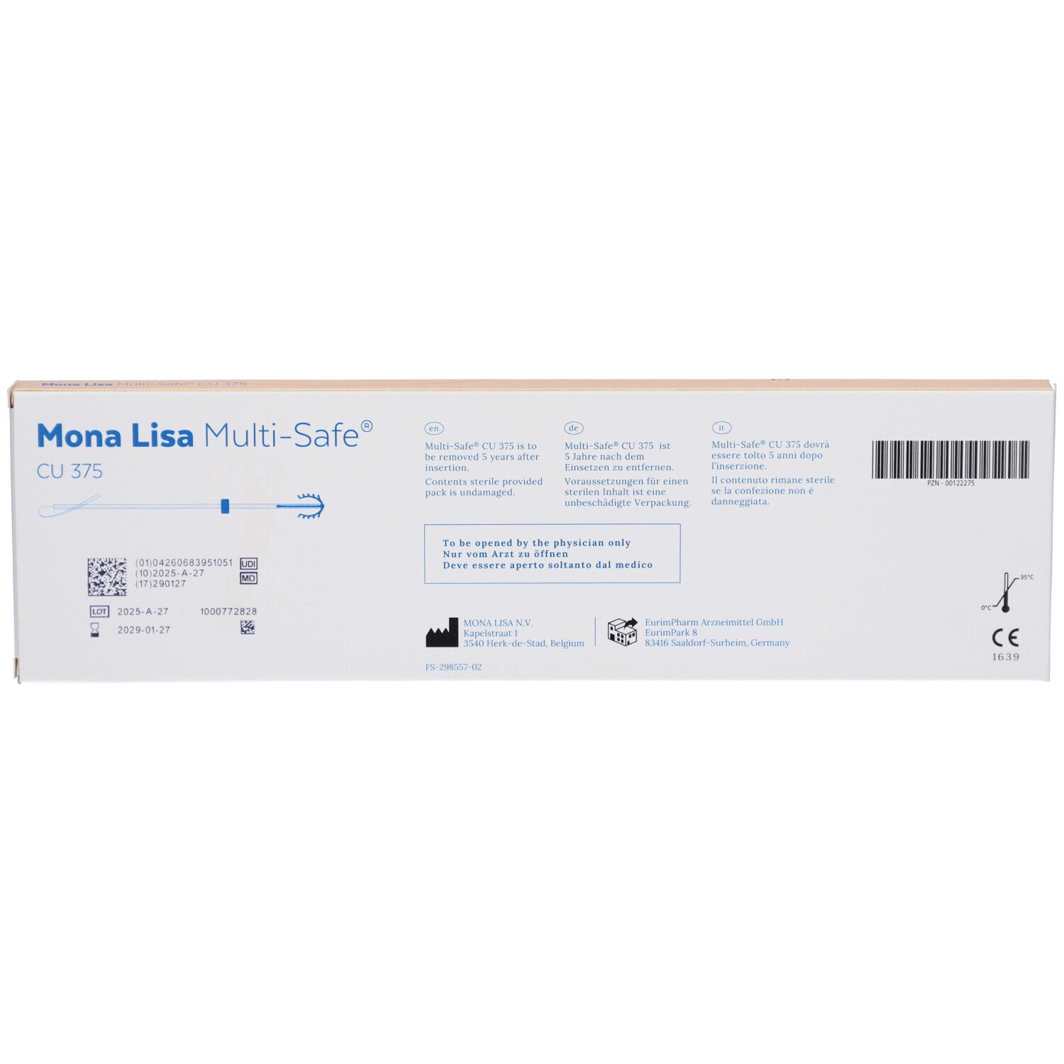 Rückseite der Verpackung von Mona Lisa Multi-Safe CU 375. Informationen, Barcode, Logo und CE-Kennzeichnung.