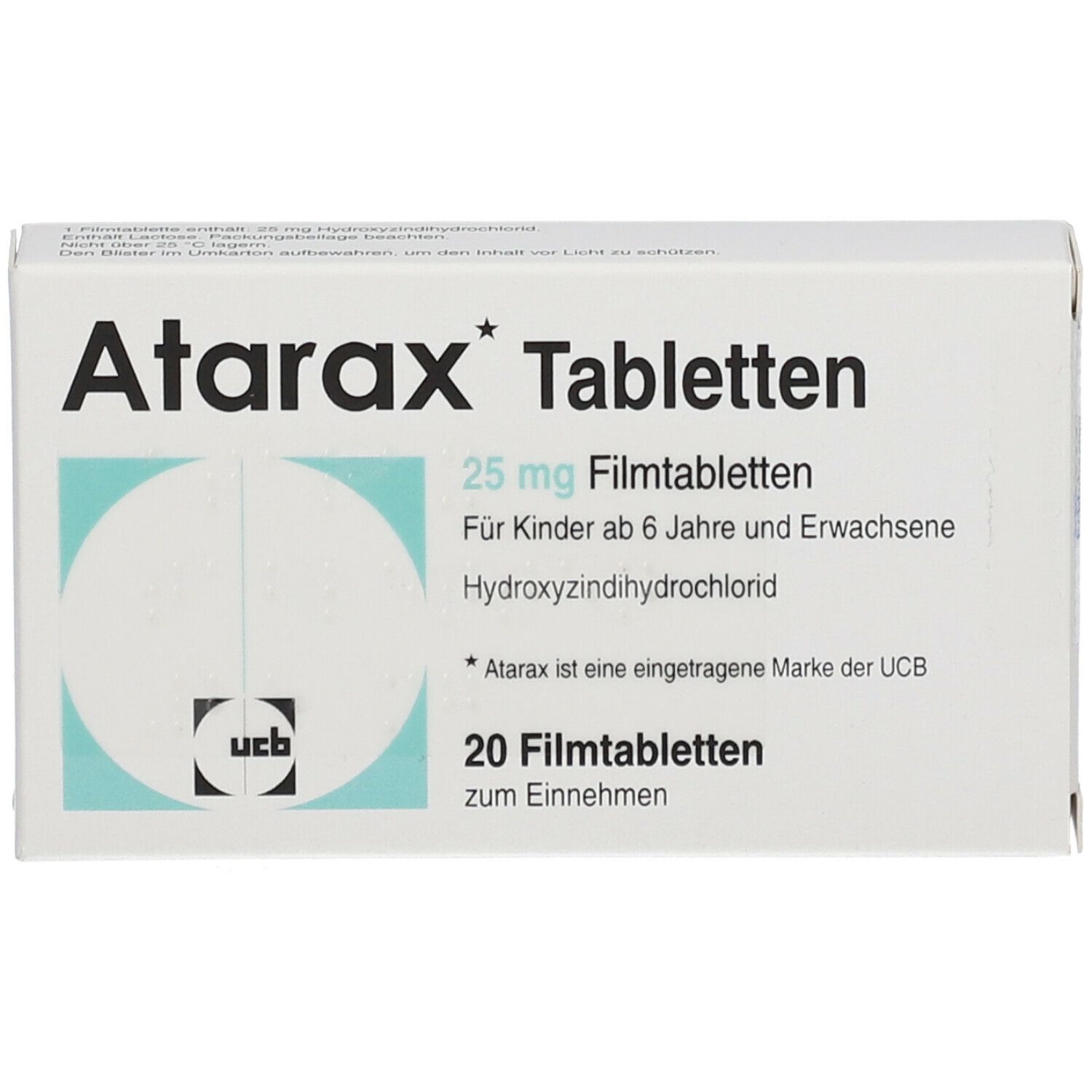 Schachtel mit Atarax Tabletten. Aufschrift: 25 mg Filmtabletten, für Kinder ab 6 Jahren und Erwachsene. 20 Filmtabletten.