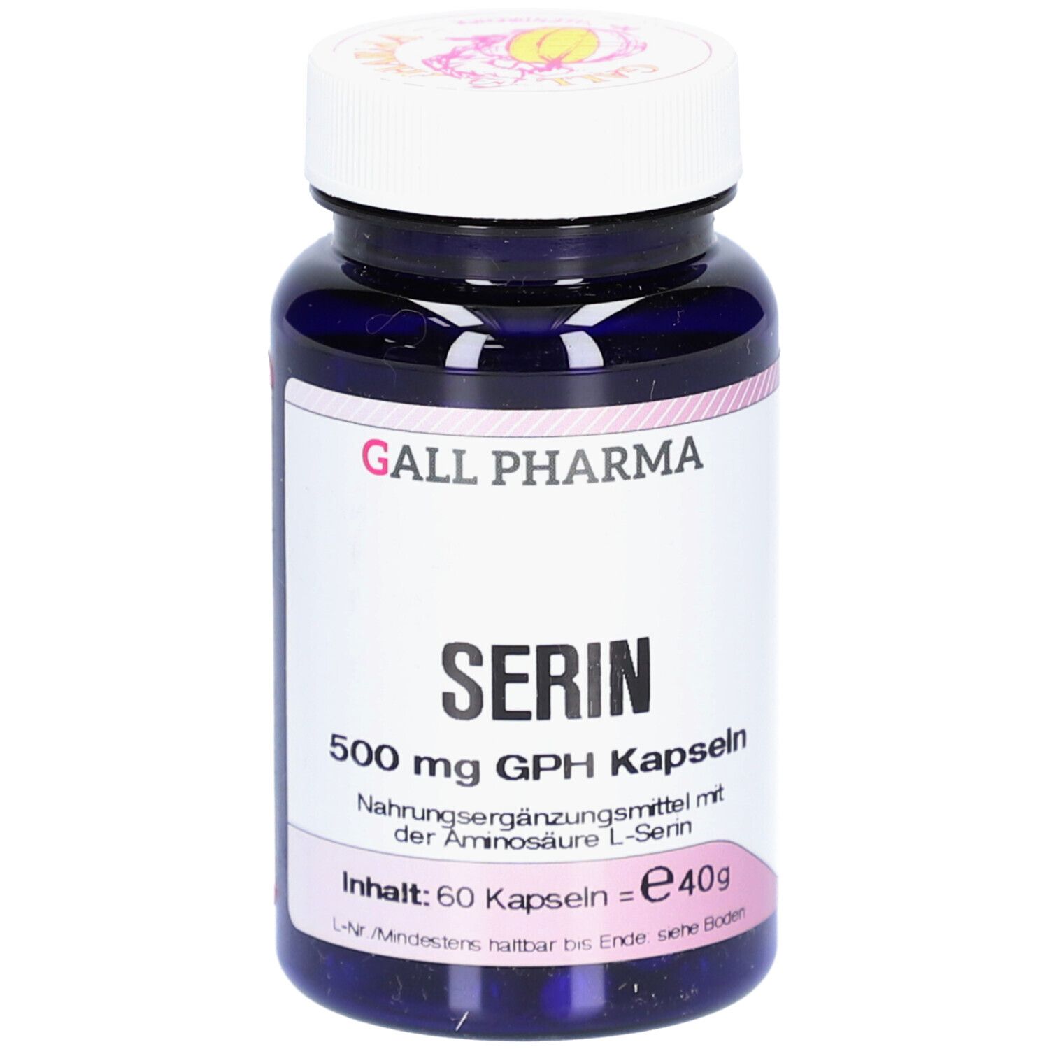 Dunkelblaue Flasche mit weißem Deckel. Aufschrift: SERIN 500 mg GPH Kapseln. Inhalt: 60 Kapseln. Marke: GALL PHARMA.