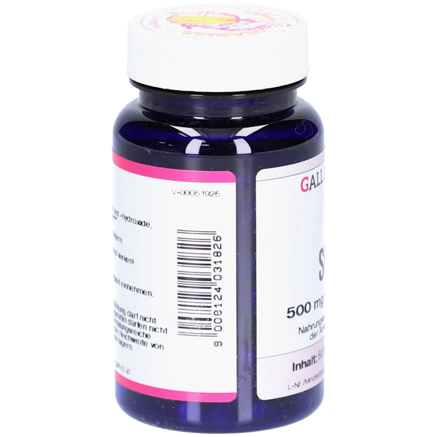 Rückansicht der dunkelblauen Flasche mit weißem Deckel. Barcode und Text auf dem Etikett. Marke: GALL PHARMA.