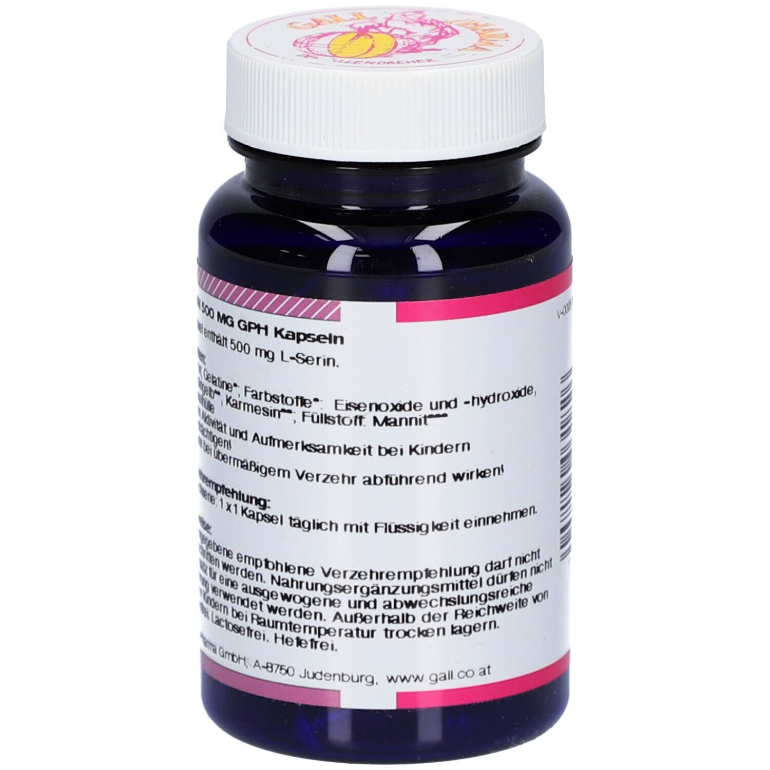 Dunkelblaue Flasche mit weißem Deckel. Text auf dem Etikett. Marke: GALL PHARMA. Enthält Informationen zu Inhaltsstoffen und Anwendung.