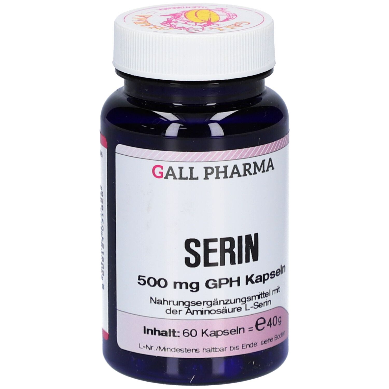 Dunkelblaue Flasche mit weißem Deckel. Aufschrift: SERIN 500 mg GPH Kapseln. Inhalt: 60 Kapseln. Marke: GALL PHARMA.