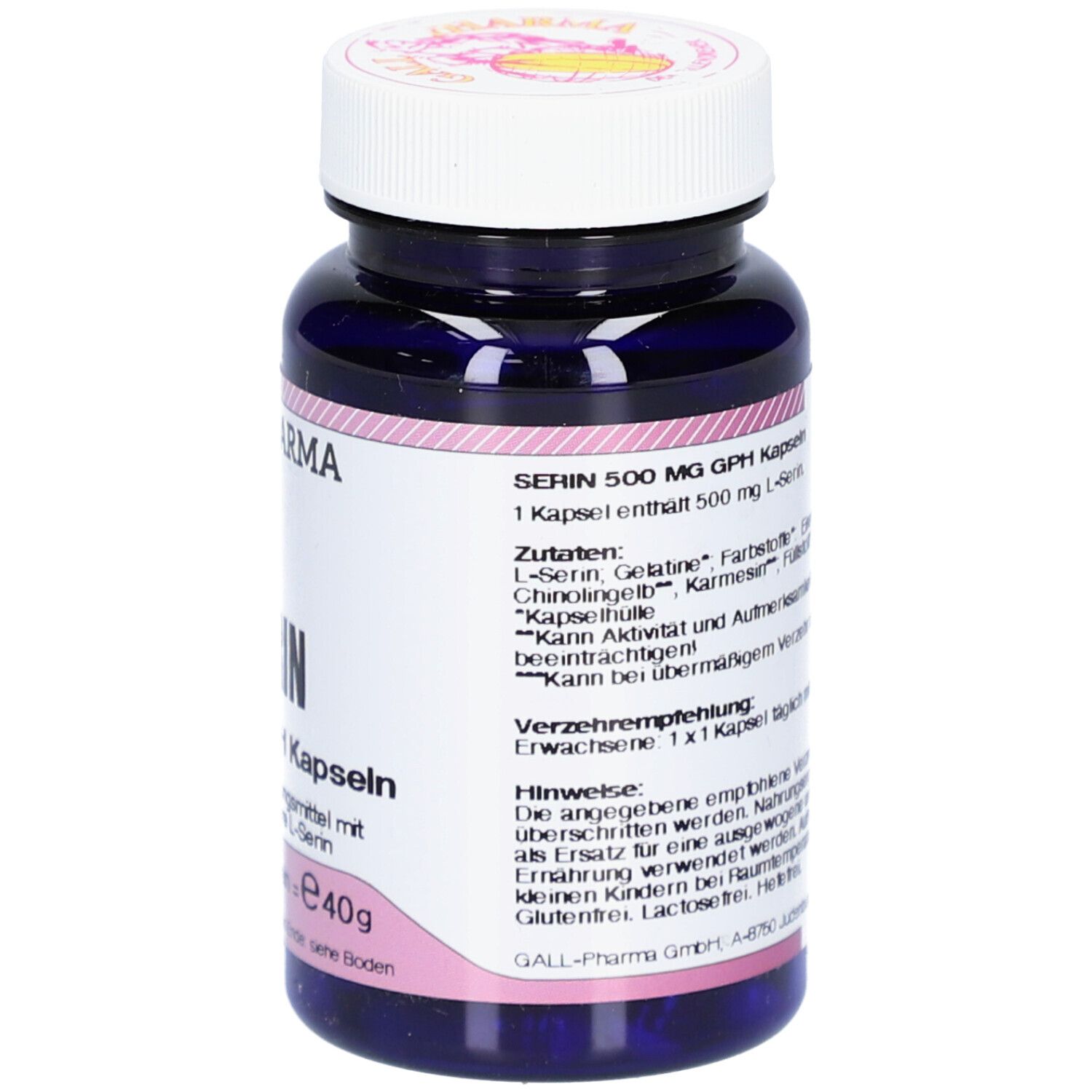 Dunkelblaue Flasche mit weißem Deckel. Aufschrift: SERIN 500 mg GPH Kapseln. Zutatenliste und Anwendungshinweise. Marke: GALL PHARMA.
