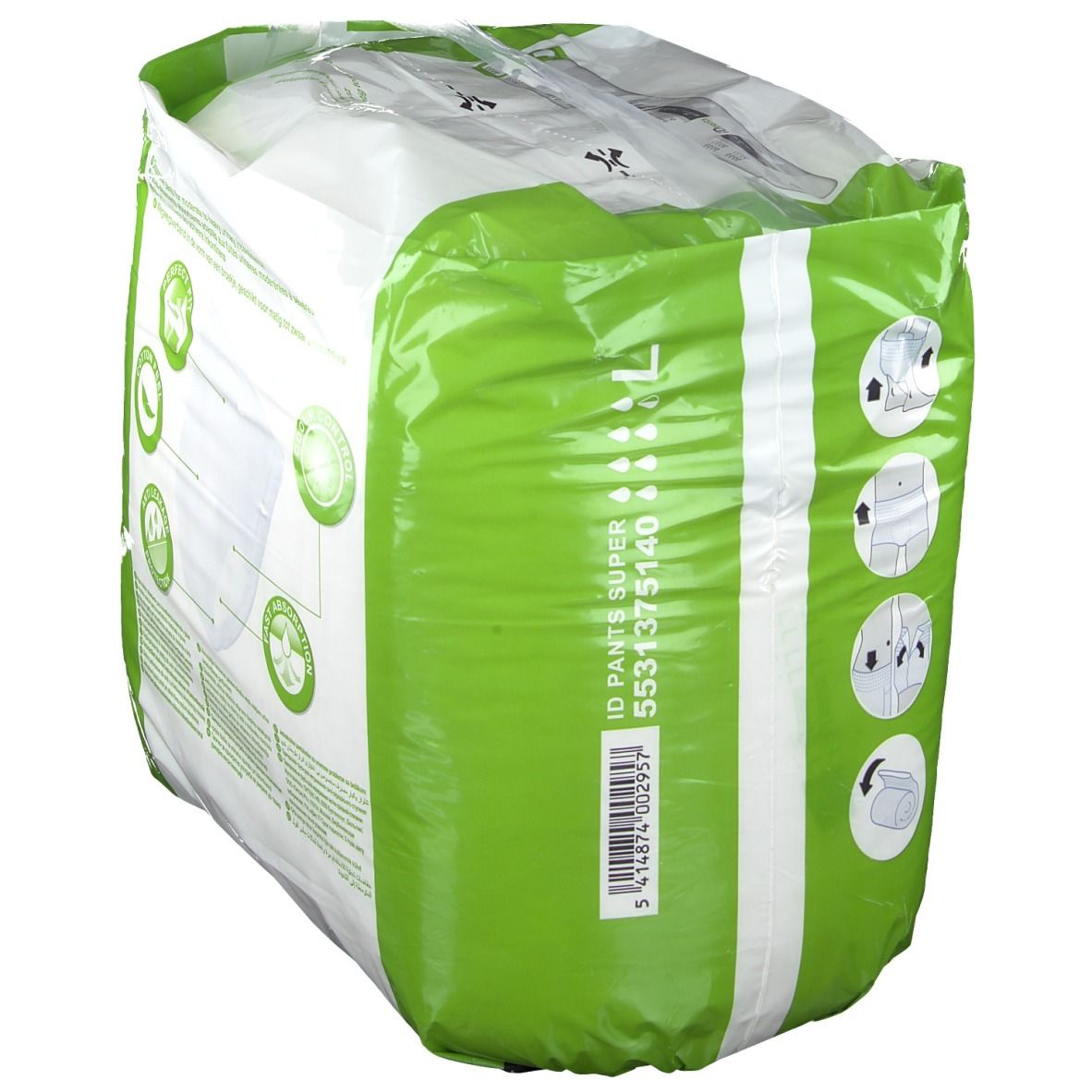 Verpackung iD Pants Super Gr. L. Grün-weiße Verpackung mit Produktinformationen. Größe L, 100-145 cm.