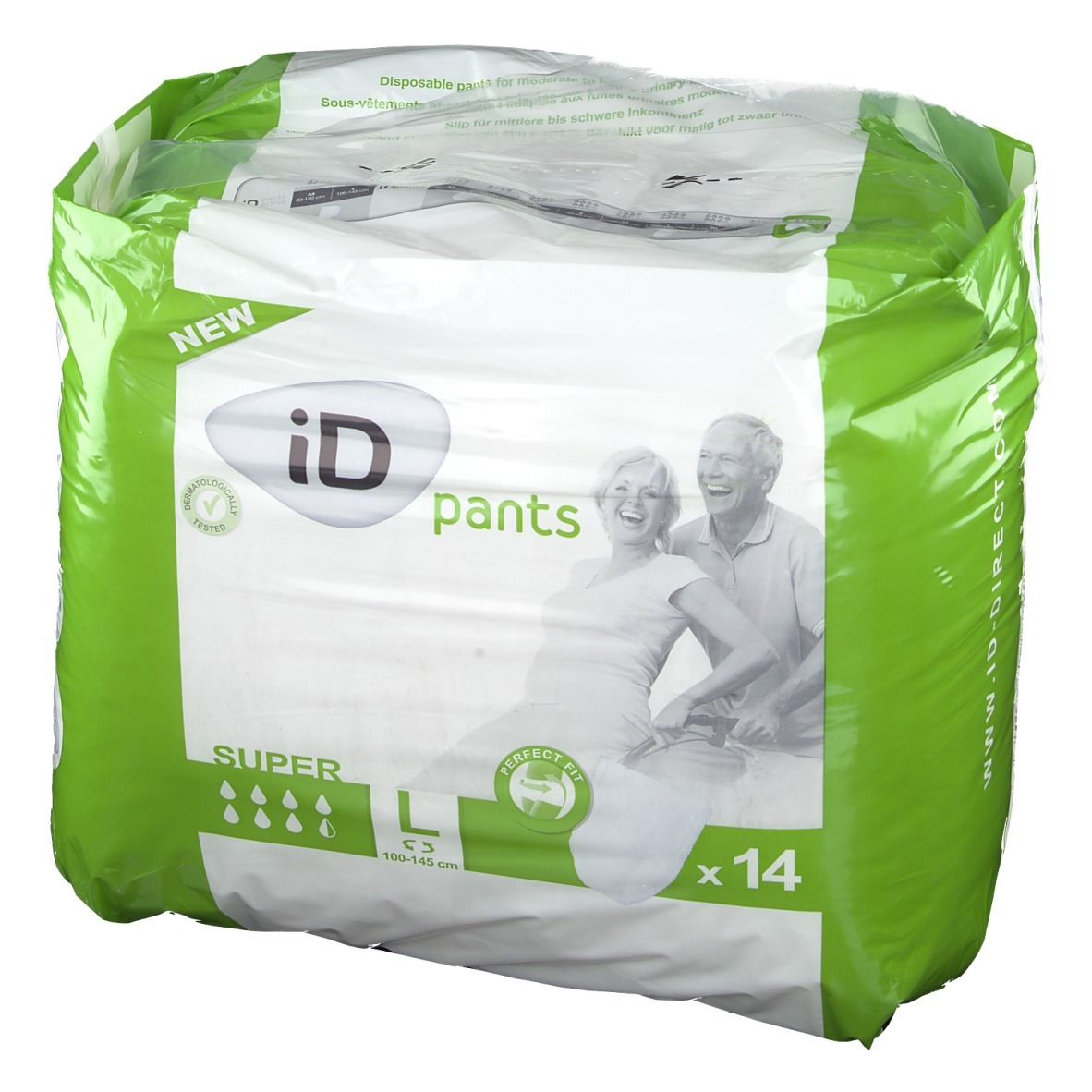 iD Pants Super Gr. L Verpackung. Grün-weiße Verpackung mit Produktabbildung. Größe L, 100-145 cm, 14 Stück.