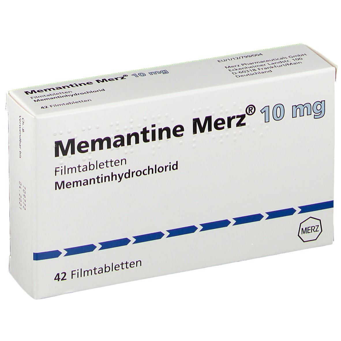 Schachtel Memantine Merz 10 mg, 42 Filmtabletten. Weiße Schachtel mit blauer Beschriftung und Pfeilreihe.