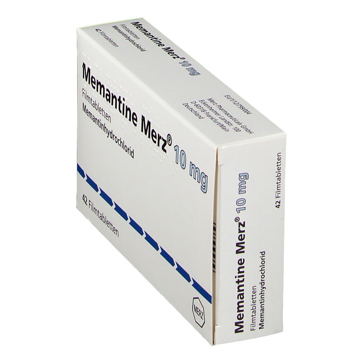 Schachtel Memantine Merz 10 mg, 42 Filmtabletten. Weiße Schachtel, schräg gestellt, mit blauer Beschriftung.