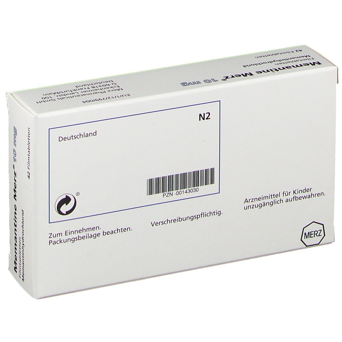Rückseite der Schachtel Memantine Merz 10 mg. Weiße Schachtel mit Barcode, Text und MERZ-Logo.