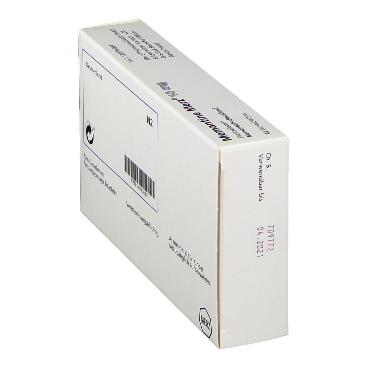 Rückseite der Schachtel Memantine Merz 10 mg. Weiße Schachtel mit Text und Verfallsdatum.