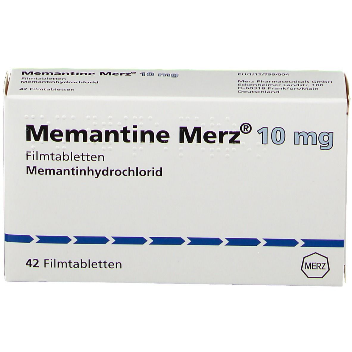 Schachtel Memantine Merz 10 mg, 42 Filmtabletten. Weiße Schachtel mit blauer Beschriftung und Pfeilreihe.