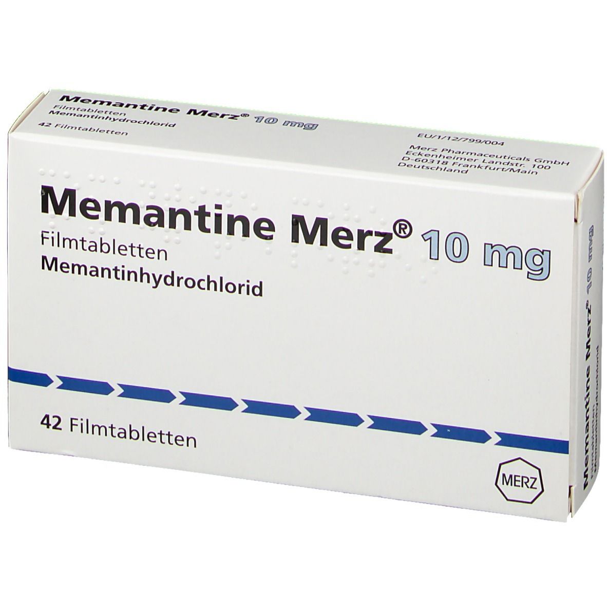 Schachtel Memantine Merz 10 mg, 42 Filmtabletten. Weiße Schachtel mit blauer Beschriftung und Pfeilreihe.