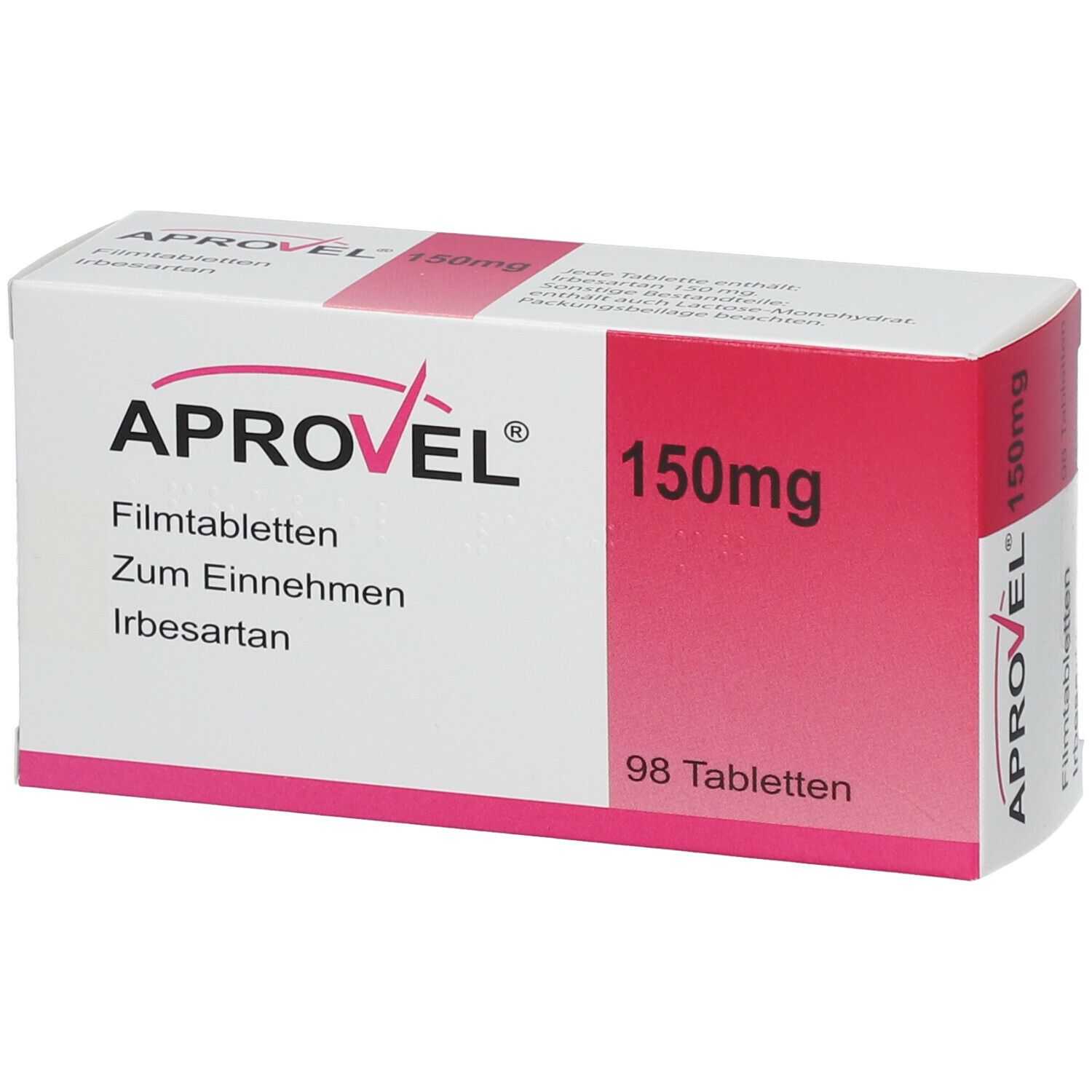 Aprovel 150mg-Verpackung. Weißer Karton mit roter Fläche. Aufschrift: Aprovel, 150mg, 98 Tabletten. Enthält Filmtabletten.
