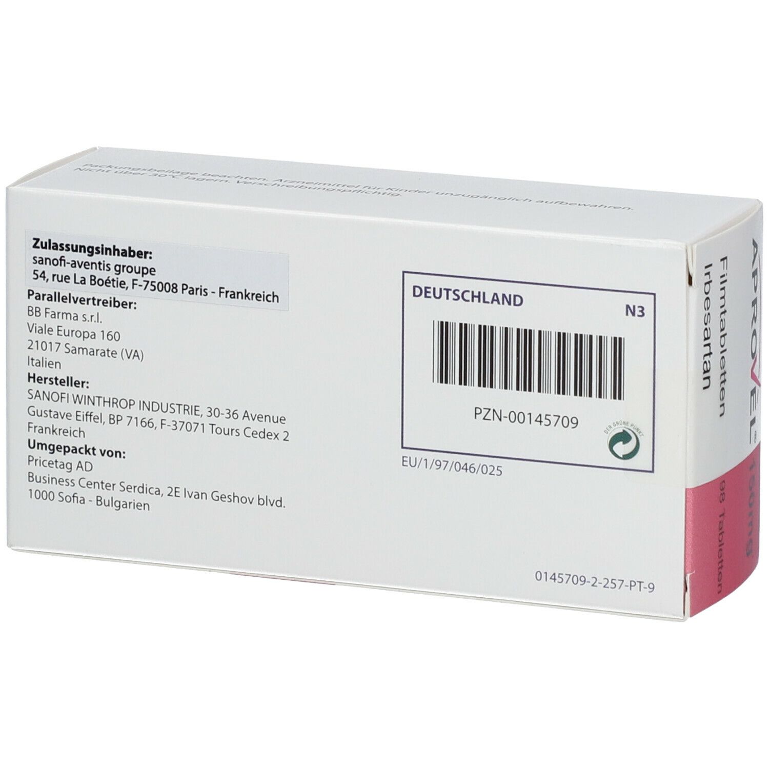 Rückseite der Aprovel 150mg-Verpackung. Weißer Karton mit Text und Barcode. Enthält Informationen zum Hersteller und Vertrieb.