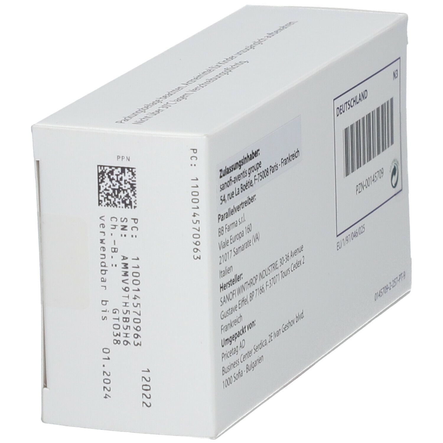 Aprovel 150mg-Verpackung. Weißer Karton mit Text und Barcode. Enthält Informationen zum Hersteller und Vertrieb. Schräge Ansicht.