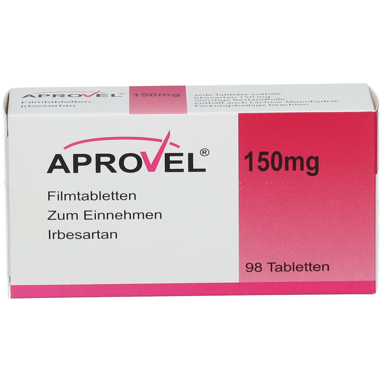 Aprovel 150mg-Verpackung. Weißer Karton mit roter Fläche. Aufschrift: Aprovel, 150mg, 98 Tabletten. Enthält Filmtabletten.
