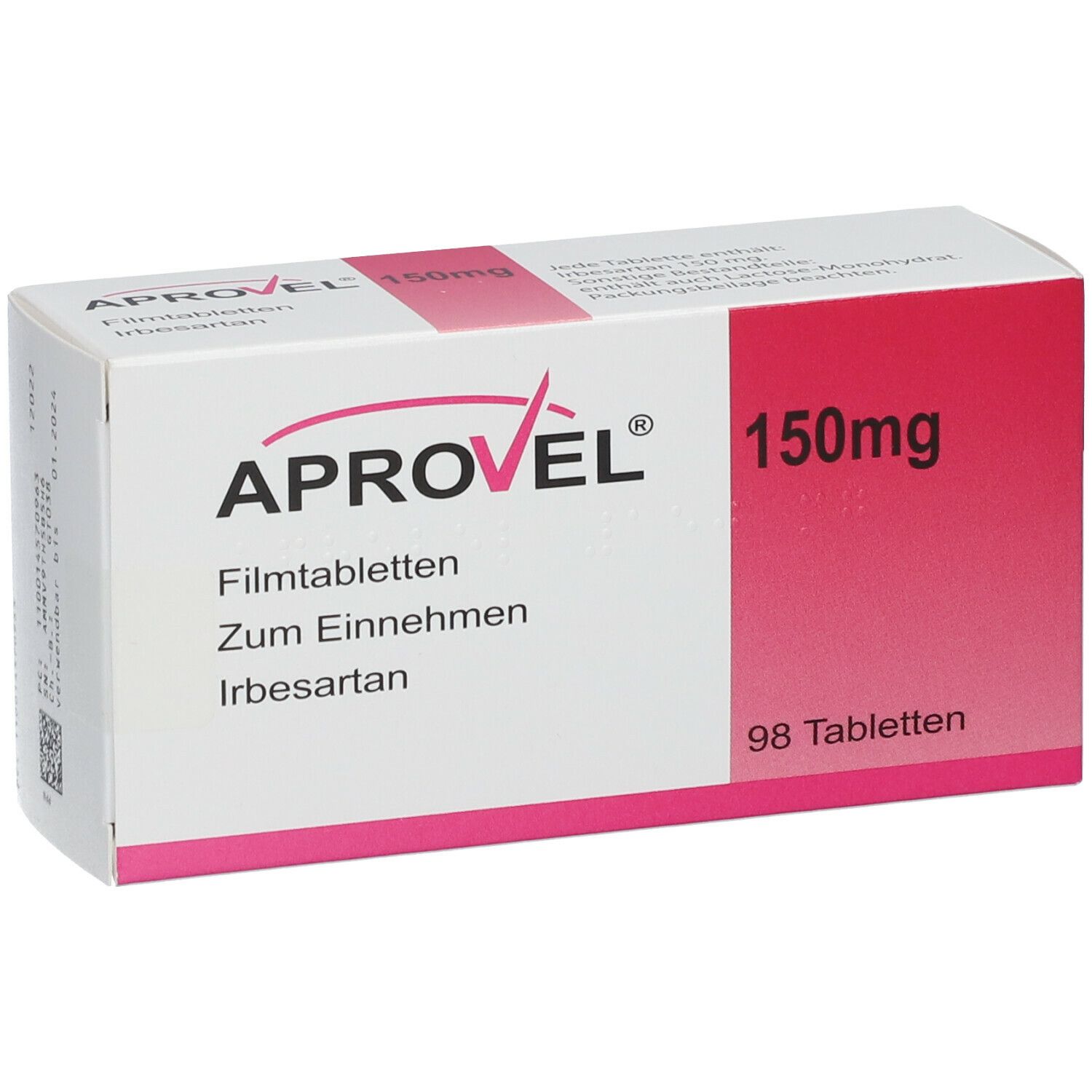 Aprovel 150mg-Verpackung. Weißer Karton mit roter Fläche. Aufschrift: Aprovel, 150mg, 98 Tabletten. Enthält Filmtabletten.