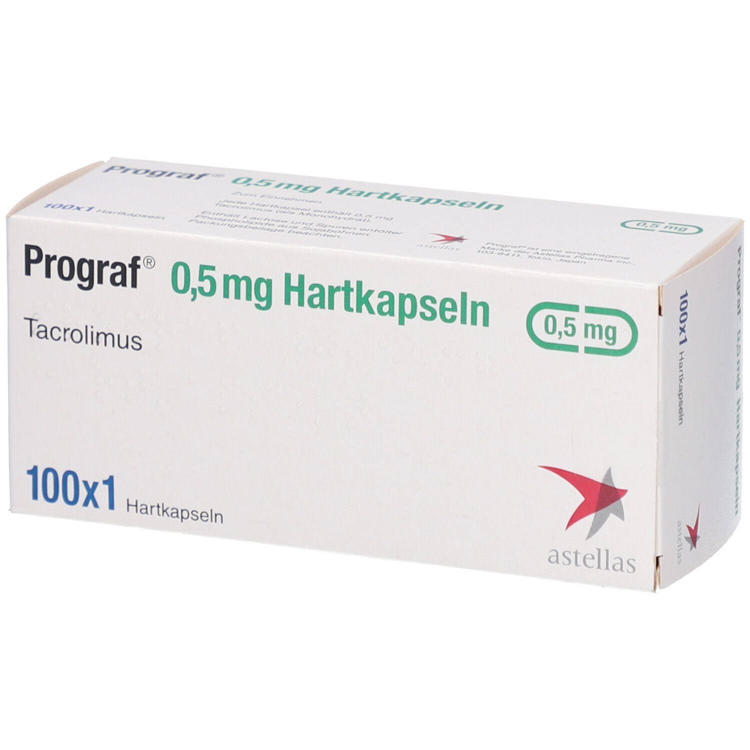 Weiße Prograf-Verpackung mit Aufschrift 0,5 mg Hartkapseln. Enthält 100x1 Kapseln. Astellas-Logo.