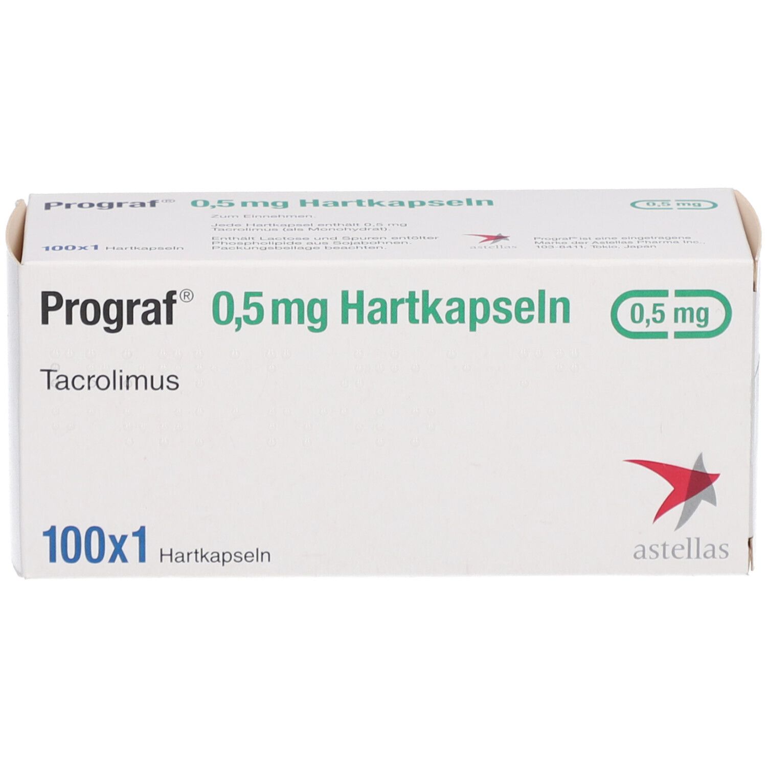 Weiße Prograf-Verpackung mit Aufschrift 0,5 mg Hartkapseln. Enthält 100x1 Kapseln. Astellas-Logo.