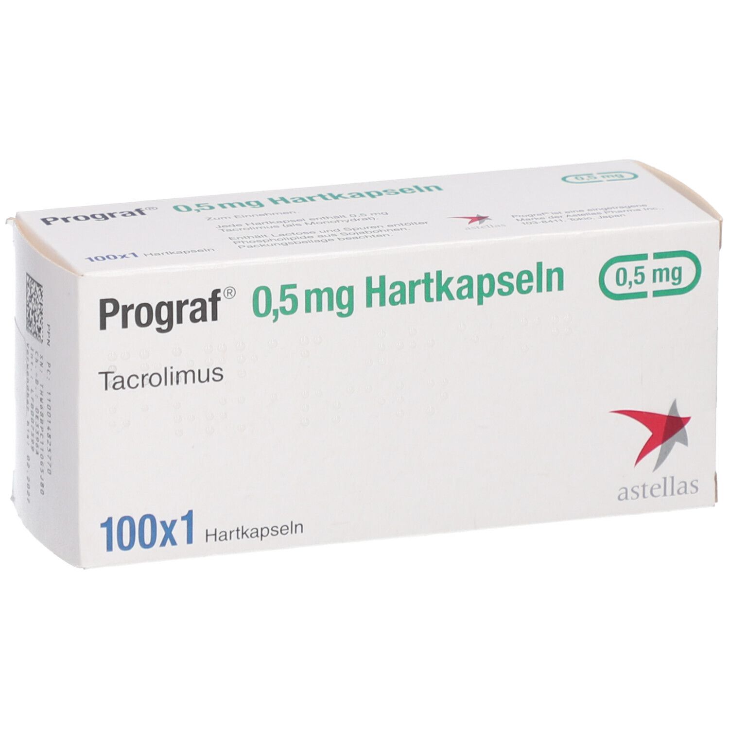 Weiße Prograf-Verpackung mit Aufschrift 0,5 mg Hartkapseln. Enthält 100x1 Kapseln. Astellas-Logo.