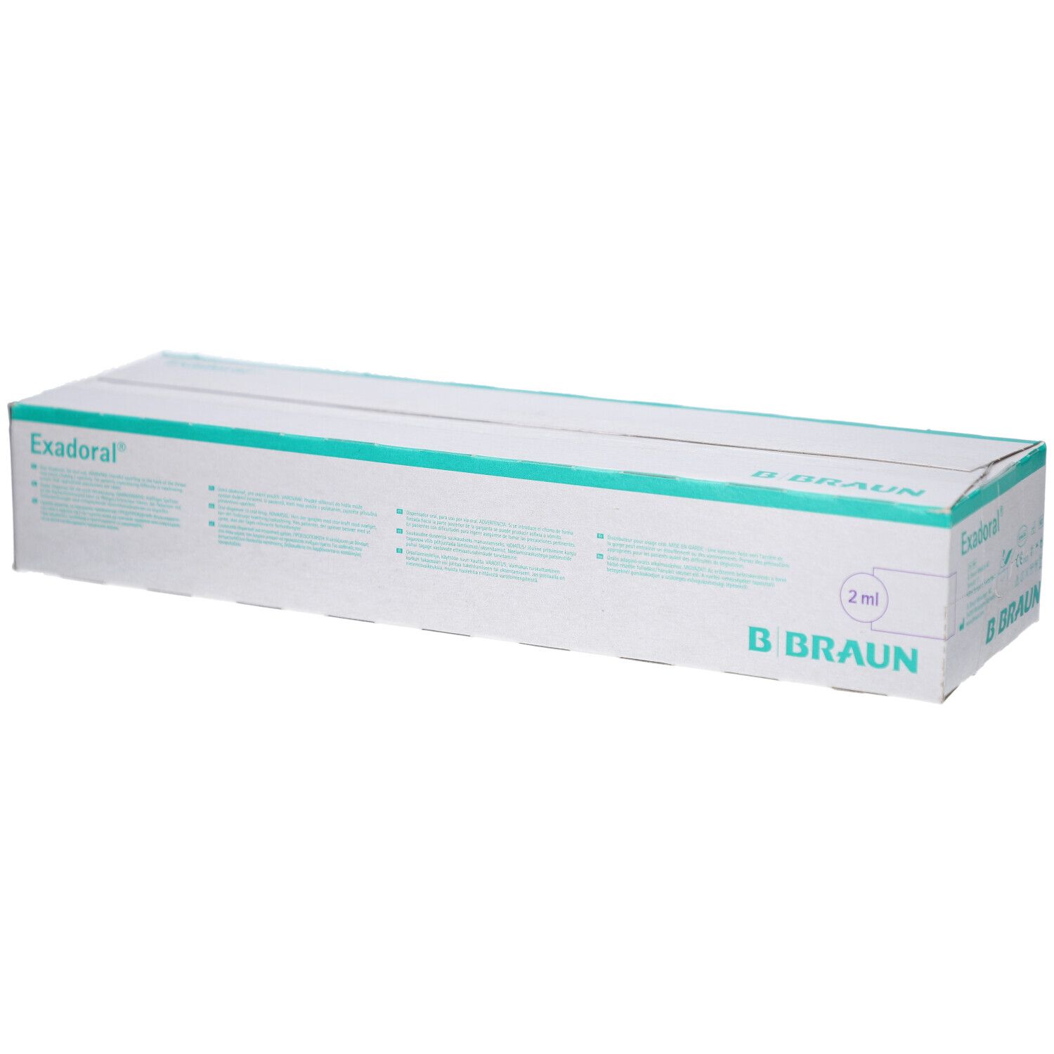 Kartonverpackung von B. Braun Exadoral® Einmalspritze. Weiß mit türkisfarbenen Akzenten. Produktname und Marke deutlich sichtbar.