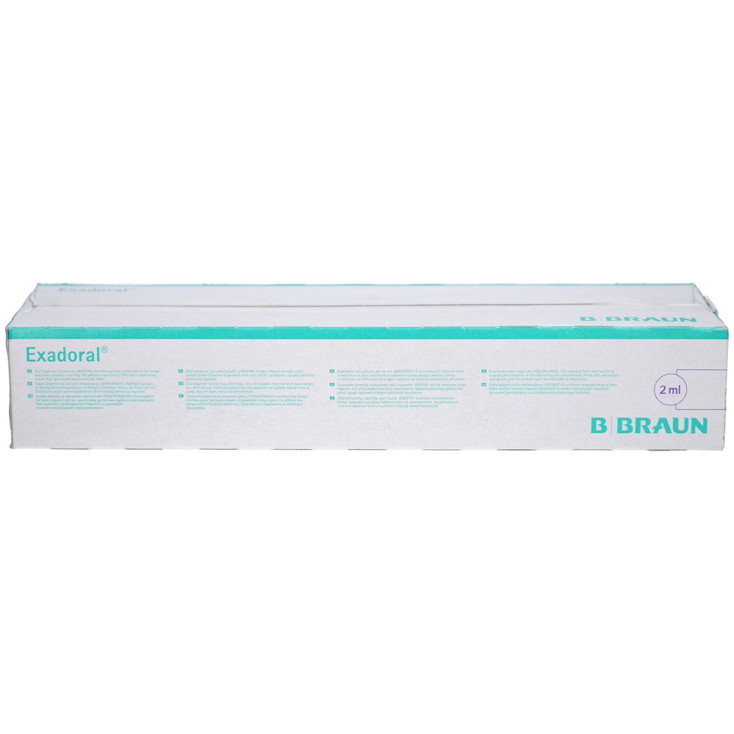 Kartonverpackung von B. Braun Exadoral® Einmalspritze. Weiß mit türkisfarbenen Akzenten. Produktname und Marke deutlich sichtbar.