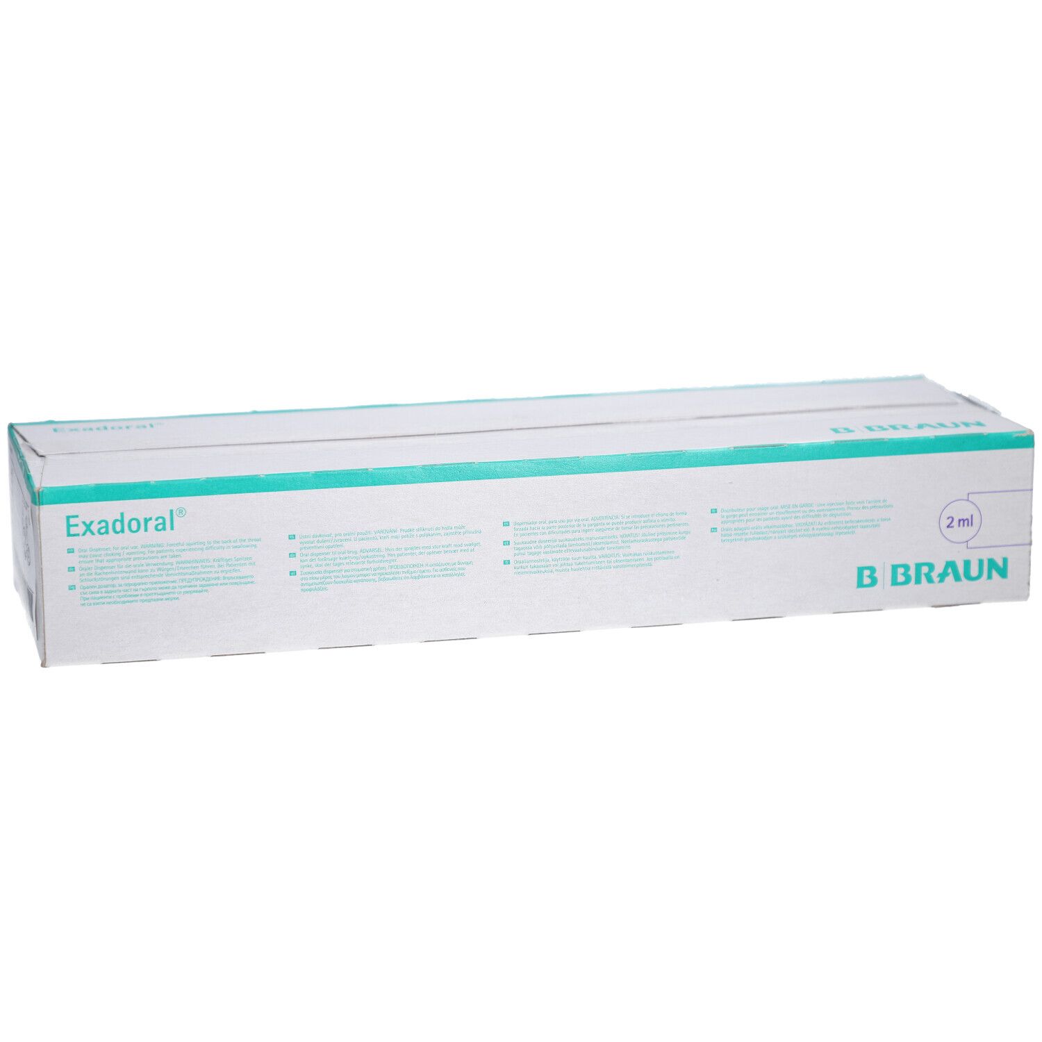Kartonverpackung von B. Braun Exadoral® Einmalspritze. Weiß mit türkisfarbenen Akzenten. Produktname und Marke deutlich sichtbar.