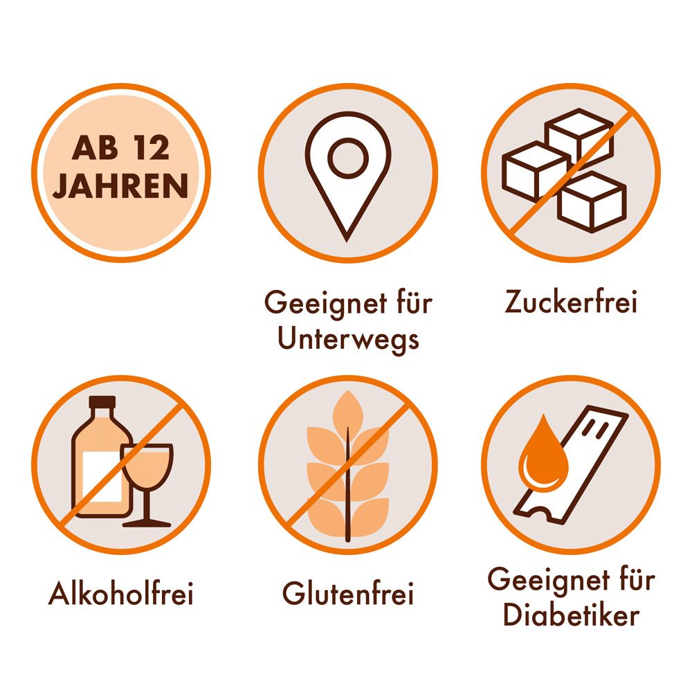 Kreisförmige Symbole: Ab 12 Jahren, Geeignet für unterwegs, Zuckerfrei, Alkoholfrei, Glutenfrei, Geeignet für Diabetiker.