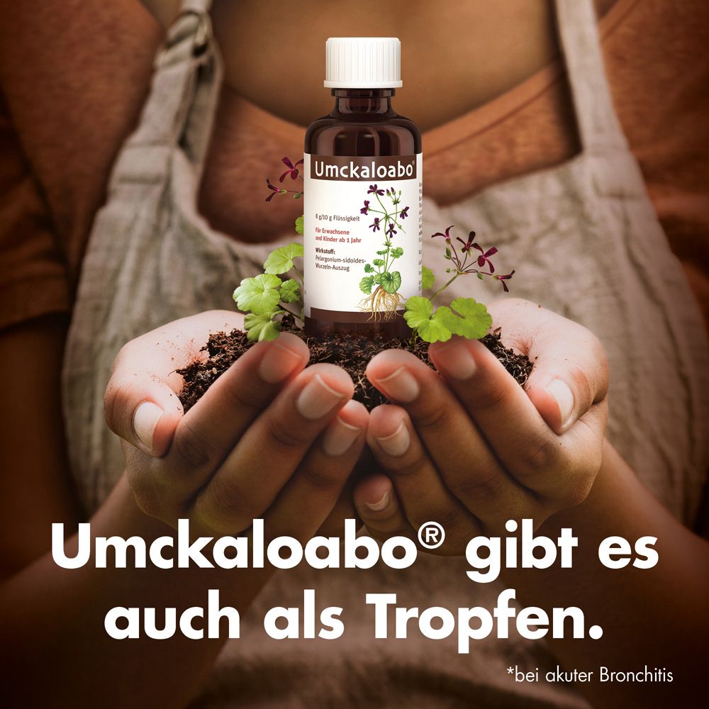 Hände halten Erde mit Flasche Umckaloabo® Tropfen. Text: Umckaloabo® gibt es auch als Tropfen.